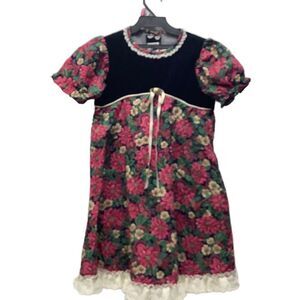 Vtg Roanna‎ Red Christma Dress 6 Lace Collar White Poinsettia Smock Velvet Top